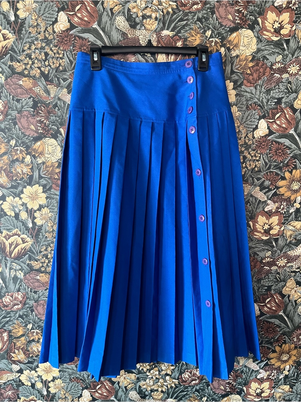 🇨🇦 Vintage Takara Vibrant cobalt royal Blue Pleated Button-Front wool Midi Skirt